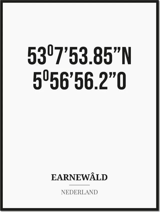 Studio216 Poster/kaart EARNEWÂLD met coördinaten zwart, wit