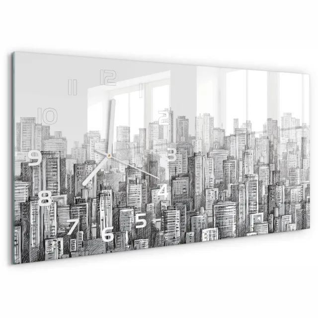TULUP Wandklok - Wolkenkrabber Wandklok Glas Decoratie - 60x30 cm - Grijs Gekleurde Glazen Klok - Witte handen - Rechthoekige Klok - Klok Glas Met Opdruk - Moderne Wandklok Glas