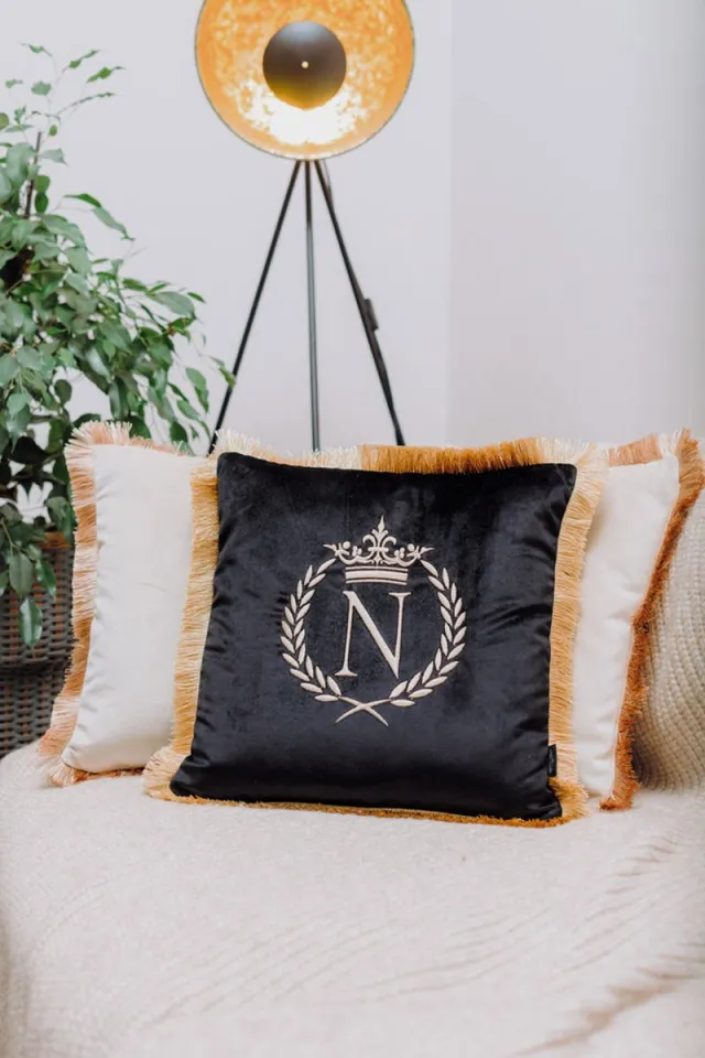 Sandra Mika Embroidered pillow / personalised pillow / monogram pillow / decorative cushion 40x 40 black velvet letter N Zwart
