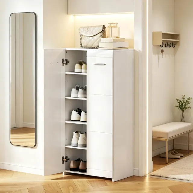 HAUSS SPOLE Schoenenkast - Hoogglans Met Vijf Niveaus En Verstelbare Planken - Voor Hal En Slaapkamer - Spaanplaat - 55x36x108 Cm - Wit