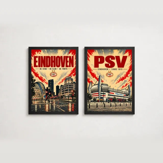 Joshimo PSV Poster Tweeluik | Eindhoven & Philips Stadion | Inclusief 2 Zwarte A4 Lijsten Rood