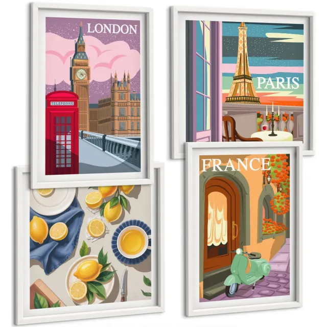 TULUP 4-Delige Schilderij Set - Stadsgezichten Parijs Londen en Frankrijk Citroenen - 40x40 en 40x60 - Muurdecoratie - Wanddecoratie - Hal - Stijlvolle Muurdecoratie Witte lijst