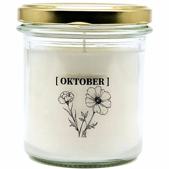 Candlelight-on geurkaars met geboortebloem en geboortedatum - 20 oktober - o.b.v. sojawas en etherische oliën Wit