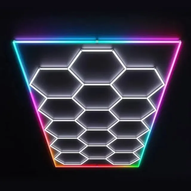 Dita Barber Essentials DITA Hexagon LED Verlichting RGB - Wit Licht met Meerkleurige Buitenrand - Hexagon LED Panelen - Garage Verlichting - Kapsalon Verlichting - Barbershop Verlichting - Auto Detailing - Salon Verlichting - LED Plafondverlichting - HLT1PCRGB