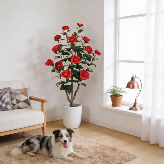 Triumpunpre Kunstcamelia 90 cm Rood, Bloeiende Kunstplant op Stam voor Woonkamer en Kantoor