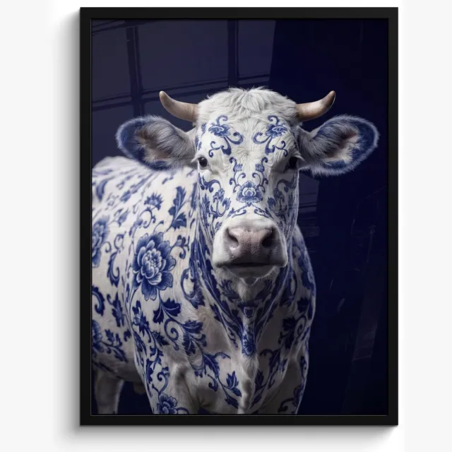 FrameYourWall Poster in lijst - Fotolijst 50x70 cm - Posters - Koe - Delfts - Blauw - Artistiek - Posterlijst zwart - Decoratie - Wanddecoratie woonkamer - Muurdecoratie slaapkamer