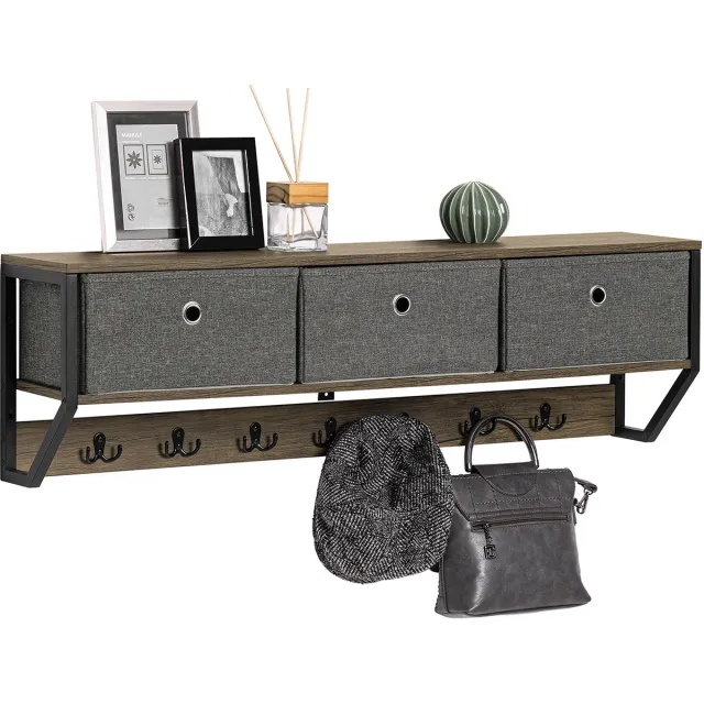 SoBuy FHK26-N Wandkapstok met Plank en 3 Manden – Industrieel Muurkapstok met 7 Haken – Hout & Metaal – 100x20x30cm – Halmeubel Zwart, Bruin