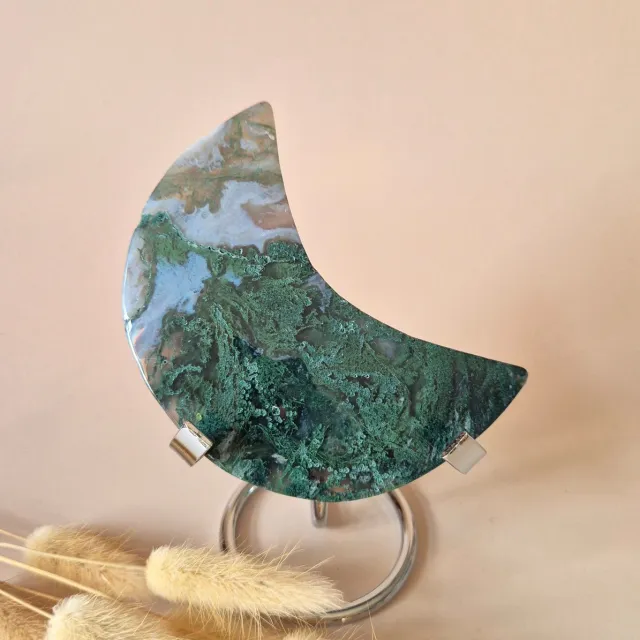 Moonlight Gemstones XL Edelsteen Mosagaat Maan op Standaard (Druzy & Patronen) #190 - 184gr