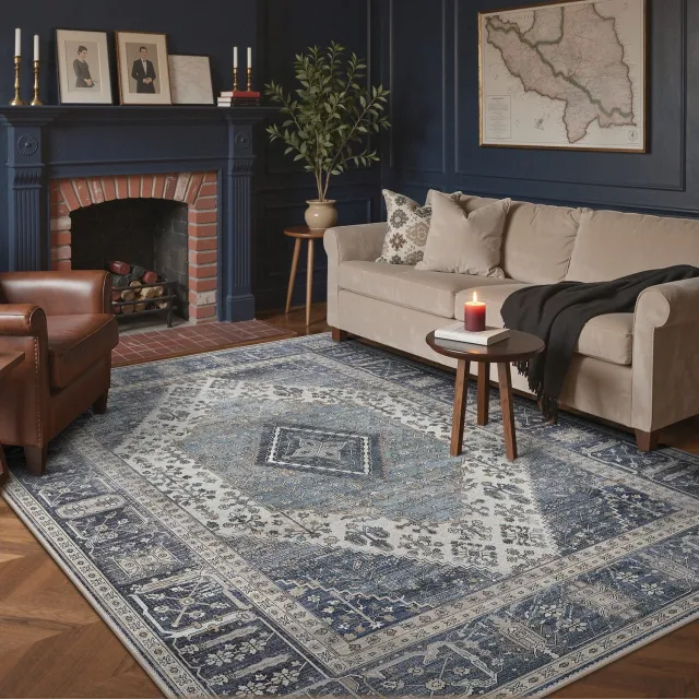 GENIMO Tapijt -Boho vintage design met oosterse patronen-Wasbaar en onderhoudsvriendelijk-Antislip onderkant voor veilige grip-Blauw