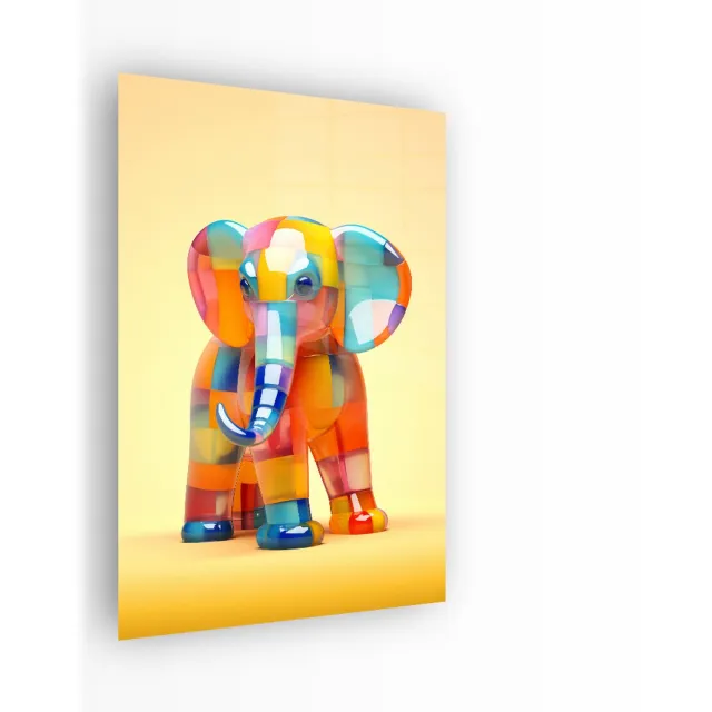 Indoorart Glasschilderij glazen gekleurde olifant 60x90 CM - Afbeelding op plexiglas - Inclusief montagemateriaal geel, oranje, blauw