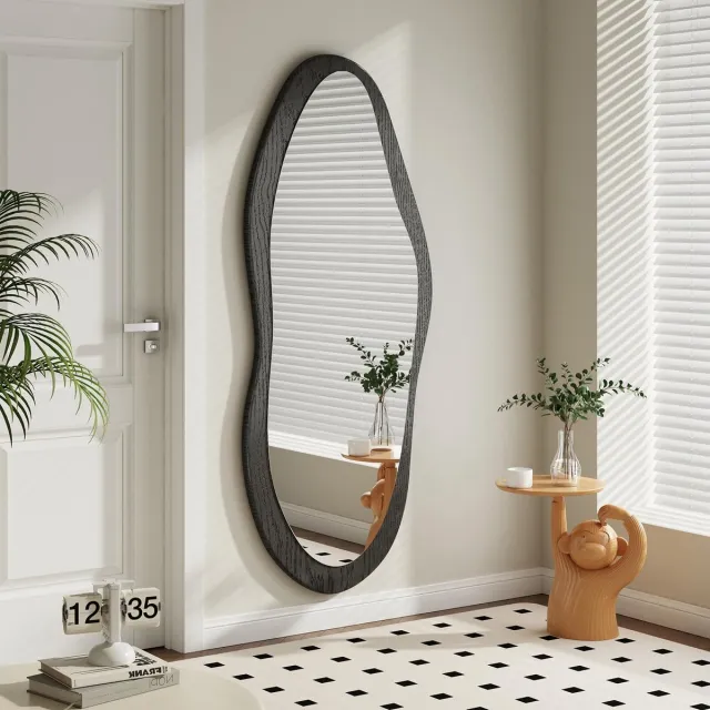 Famanu Onregelmatige wandspiegel van volledige lengte met houten frame, 120 x 50 cm, zwart, voor slaapkamer en woonkamer