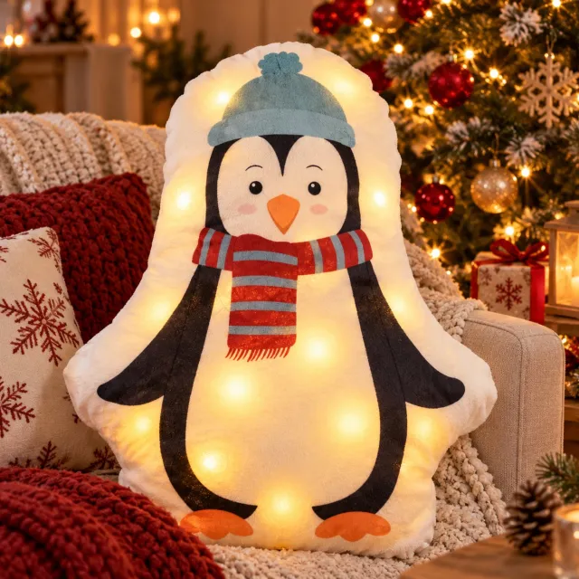 ZoeZo Design sierkussen - zacht kussen - fluweel - pinguin - winter - kerst - met gekleurde LED verlichting L50 x Br35 x 10 cm wit - diverse