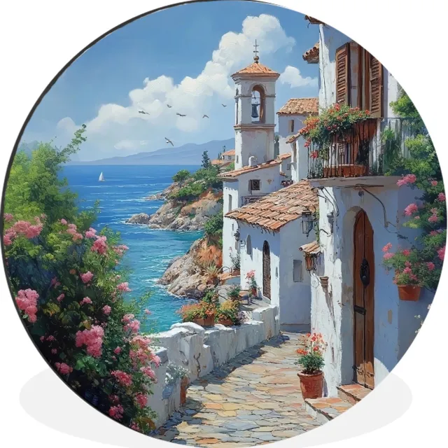WallCircle Wandcirkel - Muurcirkel - Huizen - Zee - Bomen - Bloemen - Aluminium - Dibond - 120x120 cm - Binnen en Buiten Huizen - Zee - Bloemen