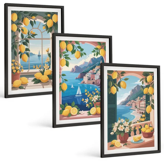 Coloray 3-Delige Schilderij Set - Zeezichtraam Met Italiaanse Citroenen - 40 x 60 cm - Wanddecoratie - Moderne Interieurdecoratie - Muurdecoratie Zwarte lijst