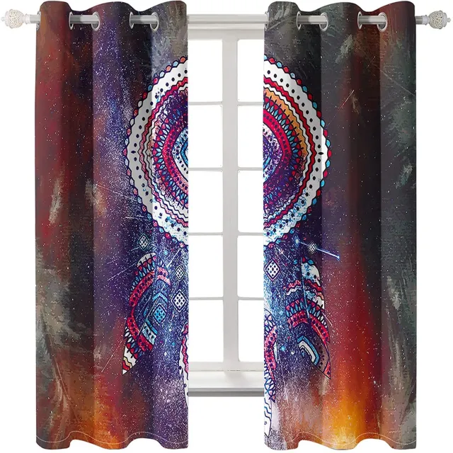 Famanu Verduisteringsgordijnen set van 2 panelen, geometrische dromenvanger, thermische verduistering in blauw, grijs en oranje, 107x138 cm, perfect voor een rustige en stijlvolle ruimte
