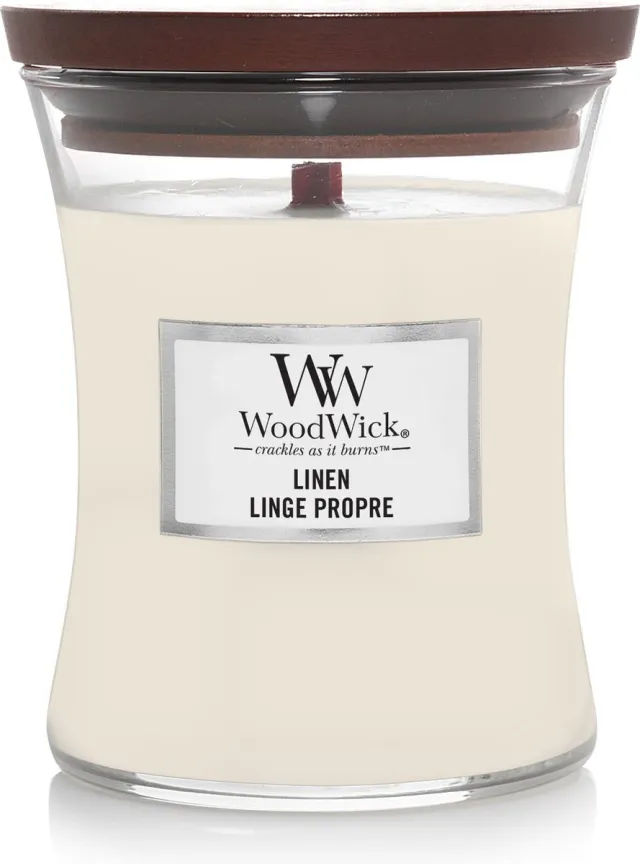 Woodwick Hourglass Medium Geurkaars - Linen - 60 branduren Wit