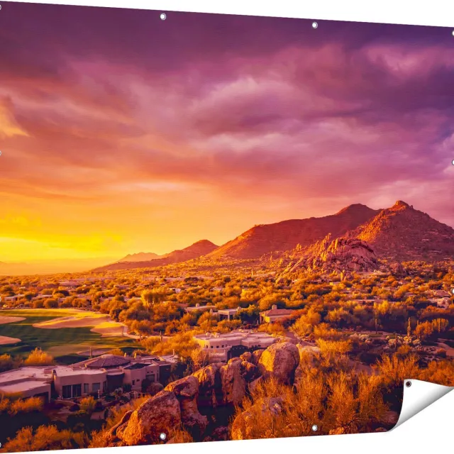 Gards Tuinposter Woestijn Landschap met Zonsondergang - 150x120 cm - Tuindoek - Tuindecoratie - Wanddecoratie buiten - Tuinschilderij Multikleur
