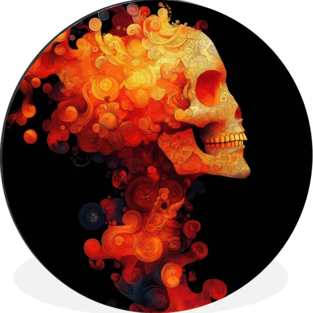 WallCircle Wandcirkel - Muurcirkel - Schedel - Oranje - Zijaanzicht - Vlammen - Aluminium - Dibond - 60x60 cm - Binnen en Buiten Schedel - Vlammen