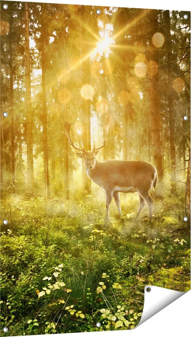 Gards Tuinposter Hert in Bos met Zon - 80x120 cm - Tuindoek - Tuindecoratie - Wanddecoratie buiten - Tuinschilderij Multikleur