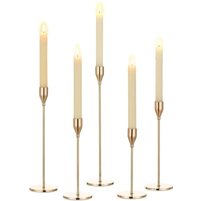 Ibenzoa Gouden Metalen Kandelaar Set van 5 voor Elegante Tafeldecoratie in Huis en Feestelijkheden