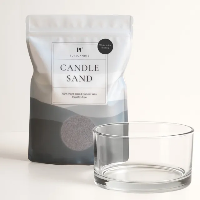 PureWorld PureCandle Kaarsenzand Cadeauset – Grijs Kaarsenzand 450g + 30 Lonten – Glazen Schaal Clara Ø15 cm - Poederkaars Navulset & Kaarsendecoratie - Kaarszand starterpakket - Kaars parels Grijs (Stone Grey)
