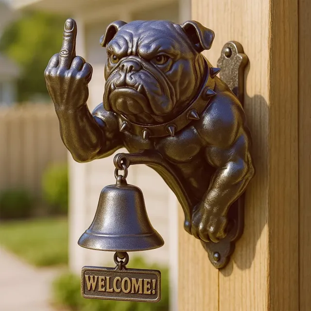 Namajunas Bulldog Spook-middelvinger Deurbel - 18 x 13 x 12 CM - Hars - Grappige Deurbel - Feest Versiering - Deurdecoratie - Windgong - huisdecoratie - Tuin decoratie - Voor Binnen en Buiten - Cadeau - Voor veranda, tuin, voordeur metaalachtige afwerking