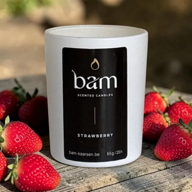 Bam Mini Strawberry Geurkaars – Aardbei Kaars met Houten Wiek – Vegan Geurkaars van Zonnebloemwas – 25 Branduren – Handgemaakt in België wit