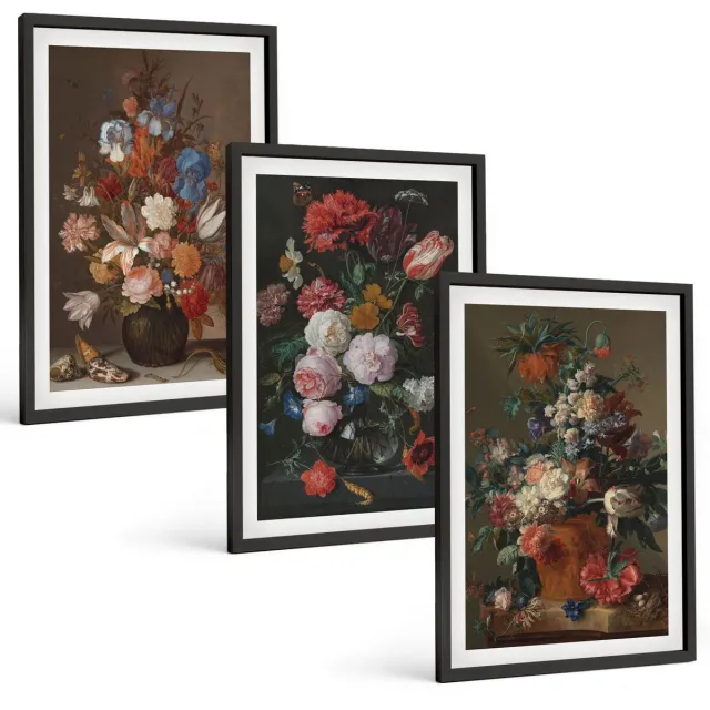 TULUP 4-Delige Schilderij Set - Bloemen in vazen: diverse vintage plantencomposities - 40 x 60 cm - Moderne Wanddecoratie - Slaapkamer - Interieur Decoratie Zwarte lijst