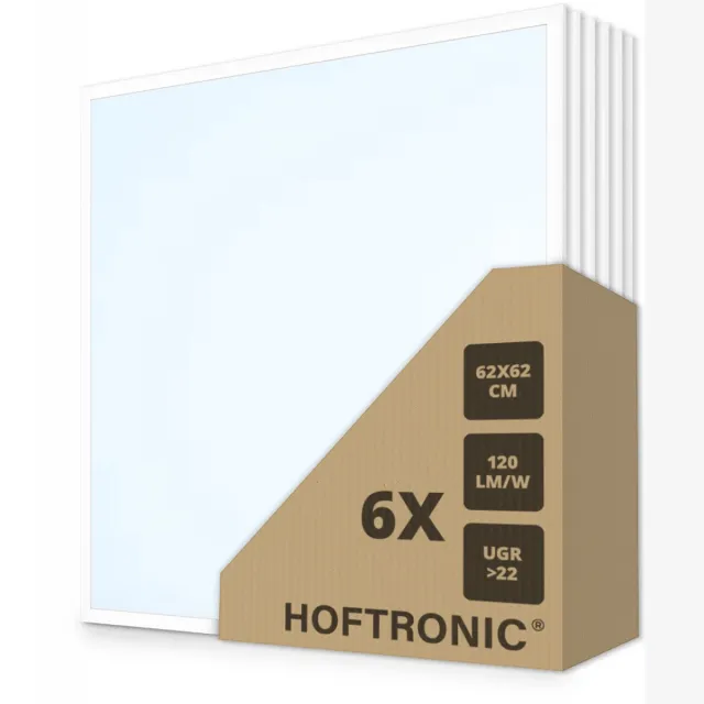 HOFTRONIC 6x LED Paneel - 62 x 62 cm - 36 Watt - 4320lm (120lm/W) - 6000K daglicht wit - Flikkervrij - UGR22 - 50.000 branduren - Incl. Philips Certa Drive driver