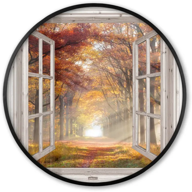 FrameYourWall Poster in lijst Rond - Fotolijst 80x80 cm - Posters - Herfst - Bos - Bomen - Natuur - Doorkijk - Ronde posterlijst zwart - Decoratie - Wanddecoratie woonkamer - Muurdecoratie slaapkamer