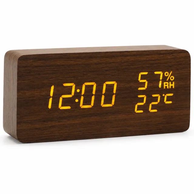 TIN-IN Digitale klok - Bureauklok - Wooden look - Donker hout + Witte cijfers met Temperatuur- en Luchtvochtigheidsmeter