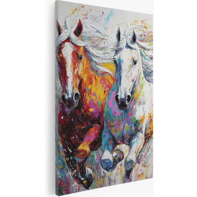Saammp Canvas Schilderij - Paard - Abstract - Verfspetters - Dieren - 60x90 - Foto op canvas - Wanddecoratie - Muurdecoratie Woonkamer - Slaapkamer decoratie - Canvas Print Multicolor