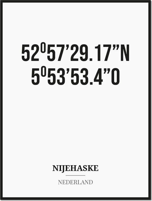 Studio216 Poster/kaart NIJEHASKE met coördinaten zwart, wit