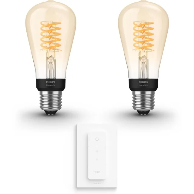 Philips Hue Uitbreidingspakket - E27 - met 2 Filament Edisonlampen Klein (ST64) - Warmwit Licht - Incl. 1 Hue Dimmer Switch - Hue White Filament