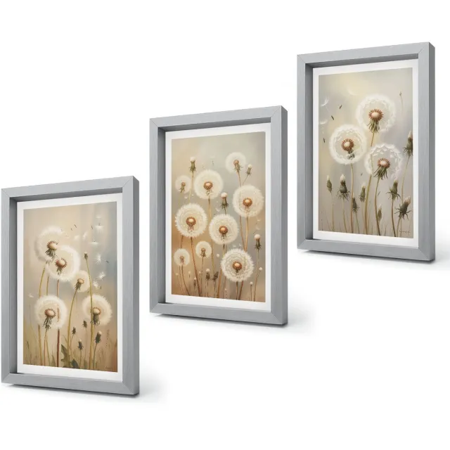 Coloray 4-Delige Schilderij Set - Witte paardenbloemen op een achtergrond van lichte kleuren. - 20 x 30 cm - Muurdecoratie - Interieur Decoratie Zilveren lijst