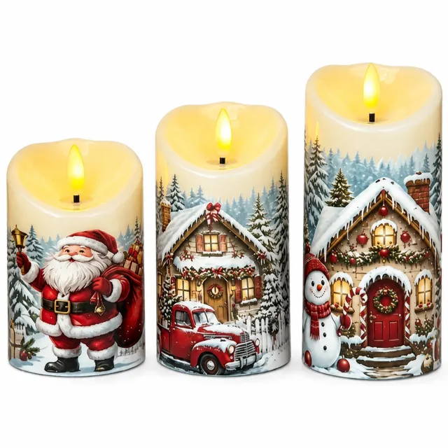 SWGOTA led kaarsen set van 3 met warm licht, schuine bovenrand en kersttaferelen in de sneeuw, voor binnen, op batterijen, zonder batterijen Crème