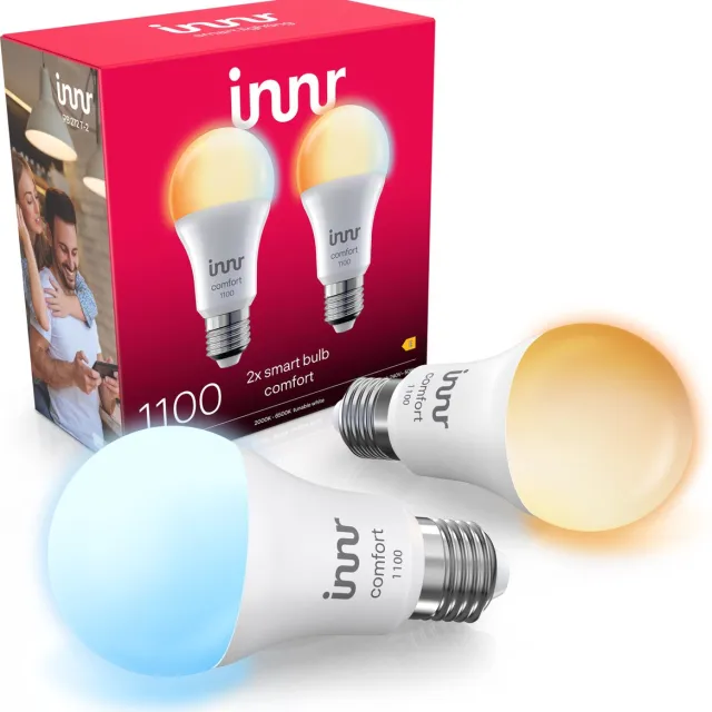 innr smart E27 LED lamp - geschikt voor Philips Hue - Zigbee bulb - warmwit tot koelwit licht - slimme lamp - dimbaar - 1190 lumen - 2 pack