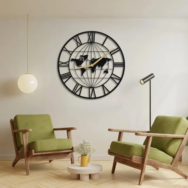 BT Home Wandklok Wereldkaart 50 cm – Zwarte MDF Wereldklok – Romeinse Cijfers – Industriële Wanddecoratie – 3 mm MDF