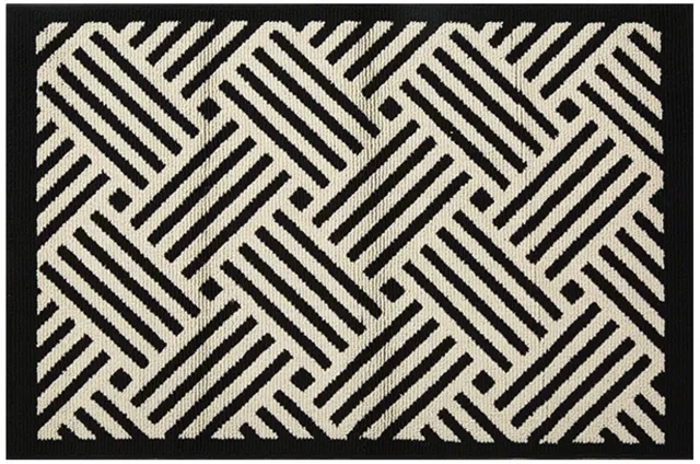 KZQ Deurmat 45 x 70 cm - Zwart en beige met geometrisch patroon - Machinewasbare schoonloopmat met rubberen antisliprug - Laag profiel - Houdt vuil en vocht vast - Voor hal, entree en overdekt terras - Polypropyleen