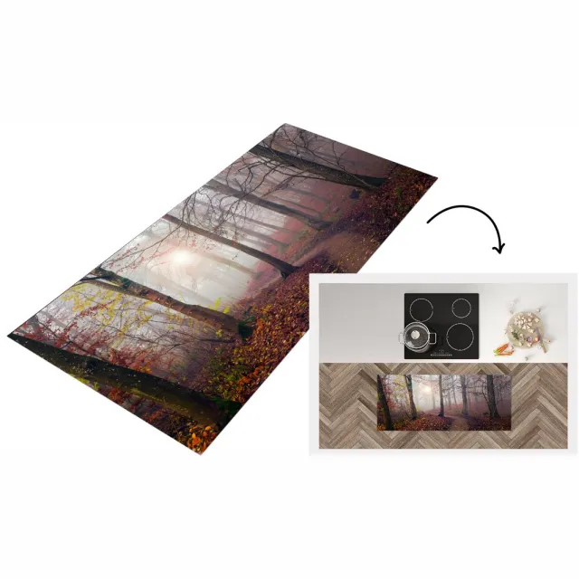 KitchenYeah Keukenloper - Loper keuken - Bos pad- Herfst - Mist - Bomen - Bladeren - Keukenloper vinyl Multicolor