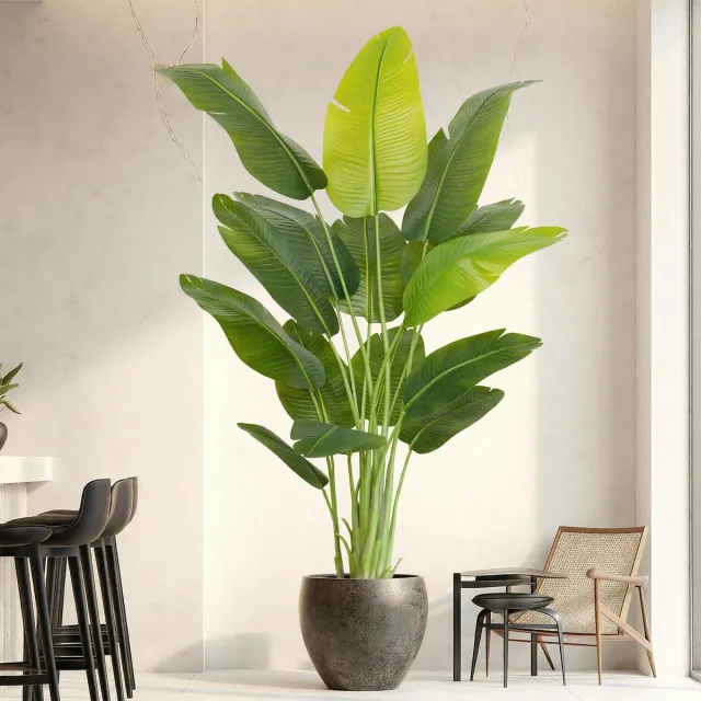 Famanu Kunstmatige paradijsvogelplant 200 cm, grote nepplant met witte pot, 15 bananenbladeren, ideaal voor decoratie in kantoor, thuis en slaapkamer Groen