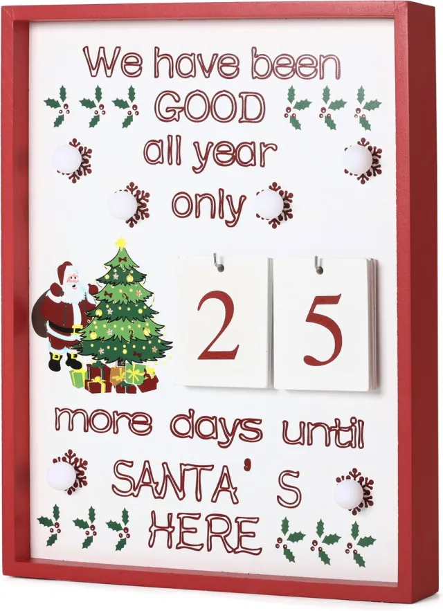 Brubaker Adventskalender - Countdown wandbord met kalenderbladen - Hout - Wit - met 6 LED-lampjes - 28 x 4 x 35,5 cm