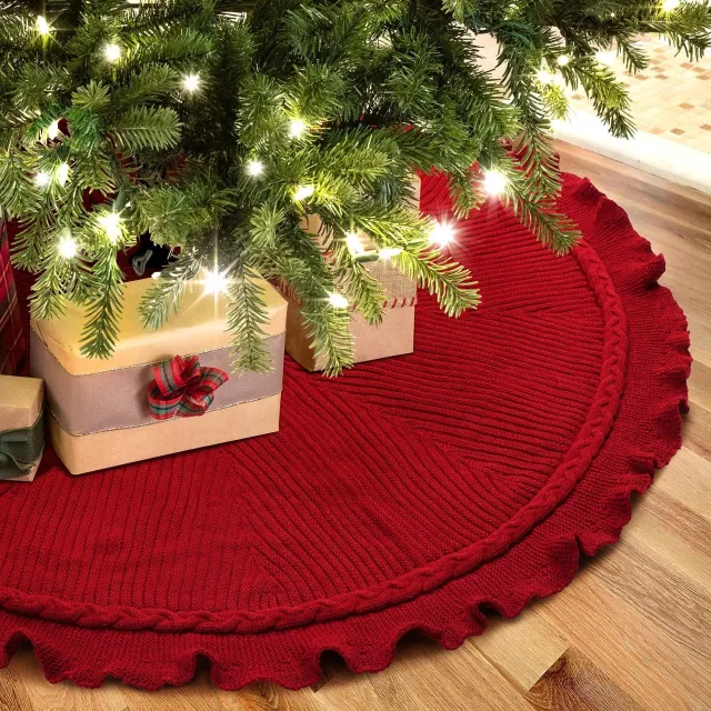 KZQ Gebreide kerstboomrok - 121 cm - kabelpatroon - rood