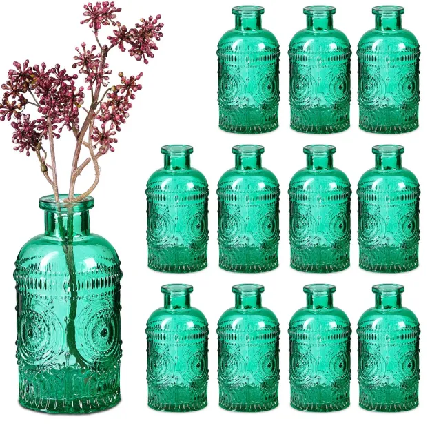 Relaxdays Mini vaasjes - set van 12 - 13 cm hoog - glas - groen donkergroen