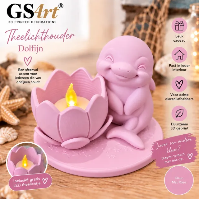 GSArt Theelichthouder Dolfijn – 3D Geprinte Woondecoratie – Inclusief LED Theelichtje - Mat Roze
