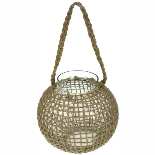 Meander Windlicht bol glas/jute met handvat Ø26xH24/H47cm Foto