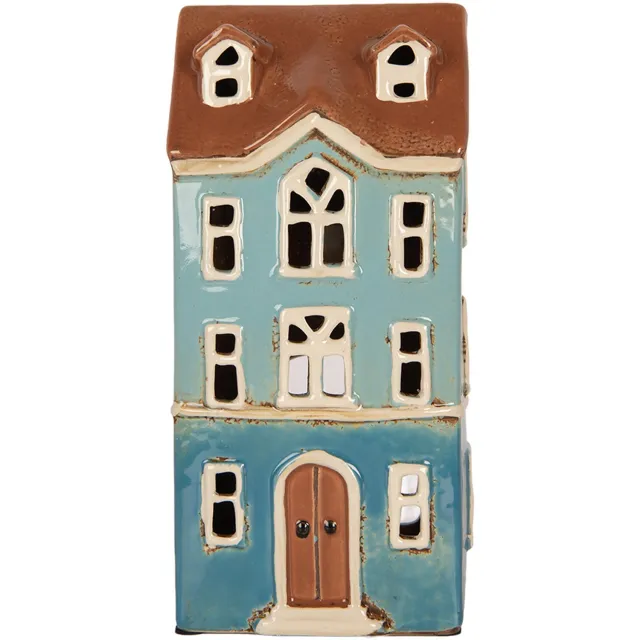 Clayre & Eef Waxinelichthouder Huis 11x9x22 cm Blauw Bruin Keramiek