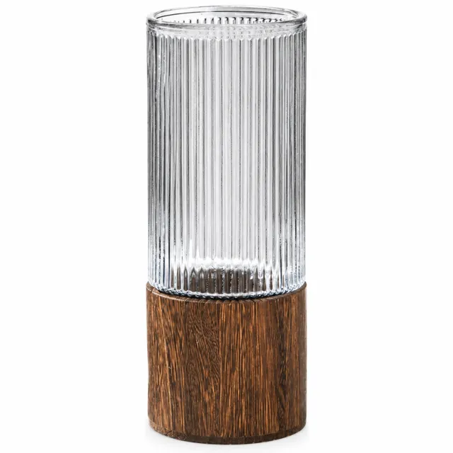SWGOTA Rookgrijze glazen vaas met verticale ribbels en houten voet - 25 cm hoog, diameter 10 cm - voor bloemen en tafeldecoratie Rookgrijs