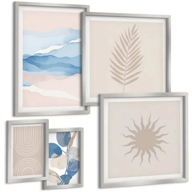 Coloray 5-Delige Schilderij Set - Bloemmotieven, Minimalistische Patronen, Boho-Stijl - 20 x 30 cm - Wanddecoratie - Muurdecoratie - Moderne Interieurdecoratie - Interieur Decoratie Zilveren lijst