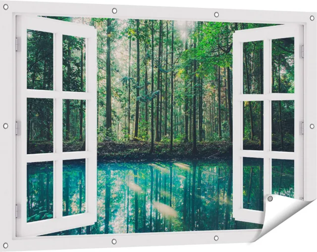 Gards Tuinposter Doorkijk Bos bij een Groen Meer - 120x80 cm - Tuindoek - Tuindecoratie - Wanddecoratie buiten - Tuinschilderij Wit